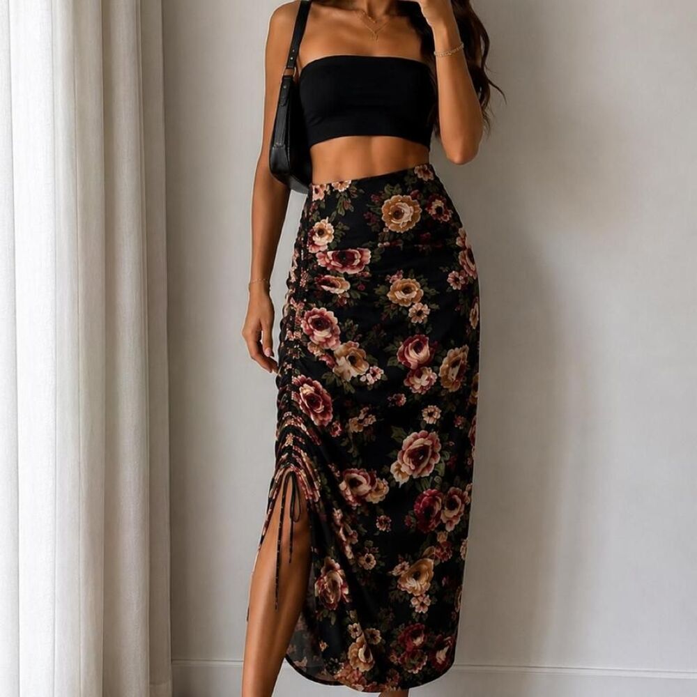 Color Swatch Women's Ruched Floral Midi Skirt Small Black y2k fairycore